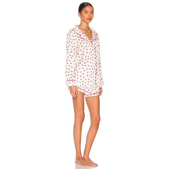 NWT/Bag Revolve Plush Silk PJ Set With Eye Mask White Red Strawberries SIZE: S - Picture 3 of 6